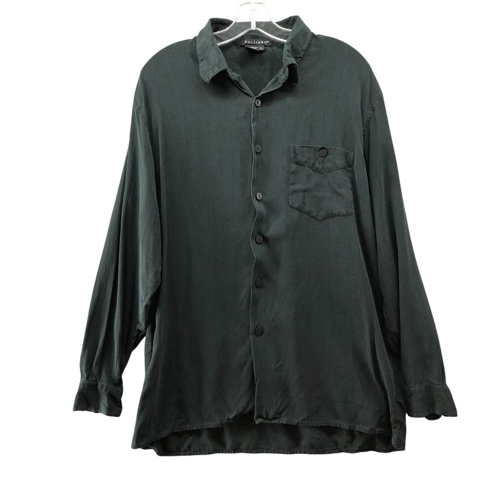 Tulliano‎ 100% Silk Long Sleeve Shirt Mens L Black Button Up Chest Pocket